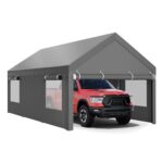 JY QAQA Carport, 12x20 FT Heavy Duty Carport with Removable Side Walls and Doors, Portable Garage with Roll-Up Window and Sandbags, Car Canopy with All-Season Tarp for Cars, Trucks, Boats, Gray - Image 3