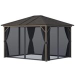 YMGSCC 10' X12' Hardtop Gazebo with Aluminum Frame, with 2 Hooks, Curtains and Netting for Garden, Patio, Backyard, Dark Grey