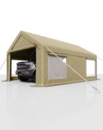 IDEALHOUSE 12x20 Ft Carport with Roll-Up Doors - Heavy Duty 200g PE Tarp Shelter with 4 Windows, Fits Full-Size Pickups, SUVs, Bass Boats & Tractors (Yellow)