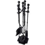 AMAGABELI GARDEN & HOME 5 Pcs Fireplace Tools Set 31" Wrought Iron Handle Large Fire Tool Set and Holder Indoor Outdoor Fireset Fire Pit Stand Poker Shovel Brush Wood Stove Log Tongs Accessories