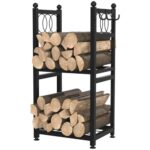 VyGrow Firewood Rack for Indoor Outdoor, 2-Tier Firewood Holder with 3 Hanging Hooks, Heavy Duty Wood Rack for Fireplace, Outdoor Patio, Fire Pit, Black