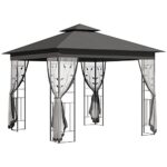 Outsunny 10' x 10' Metal Patio Gazebo, Double Roof Outdoor Gazebo Canopy Shelter with Tree Motifs Corner Frame and Netting, for Garden, Lawn, Backyard, and Deck, Gray