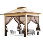 VIVOHOME Pop Up Gazebo 10x10ft Outdoor Canopy Tent with Mosquito Netting & 2 Tiers Roof for Patio Garden Backyard, Beige
