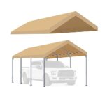 Rutile 10'x20' Carport Canopy ONLY Tent Garage Replacement Top Tarp Car Shelter Cover w/Ball Bungees Beige (Only Top Cover, Frame is not Included)