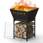 24 Inch Outdoor Fire Pit Square Wood Burning Smokeless Firepit with Camping Grill Portable Firepits for Outside Patio Heating Backyard Picnic Bonfire and BBQ, Black