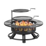36 Inch Fire Pit with 2 Cooking Grills,Outdoor Wood Burning BBQ Firepit with Lid, 3-in-1 Outdoor Fire Pit for Backyard Deck Bonfire Patio Picnic(Black)