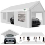 COBIZI Car Ports 12x20 Heavy Duty Portable Garage, Upgraded Canopy with Removable Sidewalls, Ventilated Windows & Built-in Sandbags, Waterproof All-Season Tarp, for Truck, Boat, White