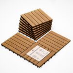 Idzo Interlocking Deck Tiles 9.6 SQFT - 10PCS Waterproof Acacia Wood Tiles, Flooring Tiles for Indoor and Outdoor - Decking Stripe Pattern, 11.81 x 11.81 x 0.91 Inches, Golden