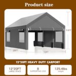 Nuturelly 12x20 FT Carport, Heavy Duty Carport Canopy with Roll-up Windows, Portable Garage with Removable Sidewalls & Doors, Car Canopy with All-Season PE Tarp for Car, Truck, Boat(Gray) - Image 2