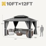 DWVO 10x12ft Hardtop Gazebo Double Roof with Nettings and Curtains, Heavy Duty Galvanized Steel Outdoor Vertical Stripes Roof for Patio, Backyard, Deck, Lawns, Grey - Image 6