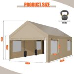 JAMFLY Carport, 12x20 ft Heavy Duty Carport with Roll-up Windows, Portable Garage with Removable Sidewalls & Doors, Car Canopy with Sandbags and All-Season Tarp for Car Boat Truck Motorcycle, Khaki - Image 7