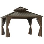 YMGSCC 12'x12' Metal Roof Gazebo Canopy with Curtains and Netting, Outdoor Hardtop Gazebo with Aluminum Frame for Backyards