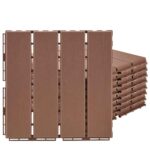 44 Pack Interlocking Deck Tiles, 12"x12"x0.8" Plastic Patio Flooring Outdoor Waterproof, All Weather Use for Balcony Porch Backyard Poolside（Brown,Stripe）