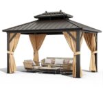 Litake 10x13ft Hardtop Gazebo Double Roof with Nettings and Curtains, Aluminum Frame, Heavy Duty Galvanized Steel Outdoor Vertical Stripes Roof for Garden, Patio, Lawns, Parties, Brown