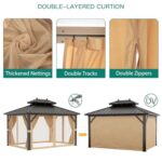 Litake 10x13ft Hardtop Gazebo Double Roof with Nettings and Curtains, Aluminum Frame, Heavy Duty Galvanized Steel Outdoor Vertical Stripes Roof for Garden, Patio, Lawns, Parties, Brown - Image 5