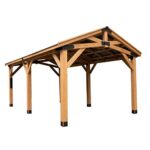 Backyard Discovery Norwood 20 ft. x 12 ft. All Cedar Wooden Carport Pavilion Gazebo with Hard Top Steel Roof Light Brown