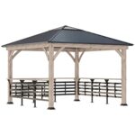 YMGSCC 11' x 11' Outdoor Barbecue Gazebo Awning with bar Metal Acrylic Combination roof, Solid Wood Frame Gazebo