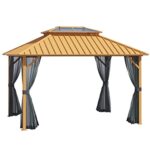 YMGSCC 12' x 10' Hardtop Gazebo Steel Canopy Outdoor Pergola with Aluminum Frame and Netting for Patios, Gardens, Lawns