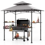 Tangkula 8x5 Ft Grill Gazebo, 2-Tier Barbecue Gazebo with 2 Shelves, 10 Hanging Hooks, Bottle Opener & Storage Basket, Outdoor Grill Canopy for Backyard Garden Poolside (Grey)