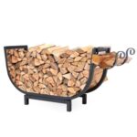 FireProof Pros Firewood Rack Outdoor and Indoor Firewood Storage with Kindling Wood Hooks. 24.5 in curved Double Coated Fire Wood Rack. Waterproof Rustproof Stable Log Holder and Fireplace Organizer