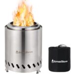 9.7 x 7.1 Inch Tabletop Fire Pit by AmazStove, Low Smoke Camping Stove for Outdoor Safe Burning Firepits, Fueled Pellets or Wood, Travel Bag Included (Silver, 9.7 x 7.1 INCH)