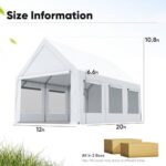 Finfree Heavy Duty 12x20 ft Carport Tent with Ultra-High Peak & Ventilation Windows, Waterproof Outdoor Canopy Shelter for Events, Storage, Parking & Wedding - White - Image 4