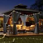 10x10 ft Hardtop Gazebo, Aluminum Double Roof Gazebos with Netting and Curtains, Outdoor Permanent Gazebo for Garden, Patio, Backyard, Deck, Lawns (Gray, 10x10 FT)