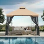 Covered Outdoor Patio Gazebo 11'x11' with Netting, Outdoor Gazebo with Stable Frame, Canopy Tent with Double Roofs and Ceiling Hooks, Pop Up Canopy Tent for Patio Lawn (Brown)
