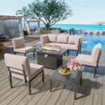 ALAULM 8 Pieces Metal Patio Furniture Set with Propane Fire Pit Table Metal Outdoor Furniture w/55000 BTU Fire Pit Patio Sectional Sofas w/5.1'' Sponge Cushions for Patio, Backyard, Poolside- Sand