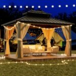 Litake 10x13ft Hardtop Gazebo Double Roof with Nettings and Curtains, Aluminum Frame, Heavy Duty Galvanized Steel Outdoor Vertical Stripes Roof for Garden, Patio, Lawns, Parties, Brown - Image 3