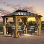 YITAHOME 10x10ft Hardtop Gazebo w/Nettings and Curtains, Heavy Duty Gazebo w/Wood Grain Double Roof Galvanized Steel Outdoor Combined of Vertical Stripes Roof for Patio, Backyard, Deck, Lawns, Brown