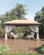 Garveelife Pop Up Gazebo 12x12, Canopy Tent with Mosquito Netting, One Push Setup for Backyard Patio Garden with 4 Sand Bags- Khaki
