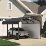 Benass 10x15 Metal Carport, Galvanized Steel Roof Car Port with Remvoable Polyethylene Sidewalls