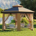 Garvee Pop Up Gazebo Screen Tent,Hexagonal Instant Gazebo Tent with Mosquito Netting Outdoor Canopy,6 Sided Sun Shelter 13x13 ft with Mesh Netting,Pavilion Tents for Patio,Khaki+Beige