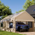 JAMFLY Carport, 12x20 ft Heavy Duty Carport with Roll-up Windows, Portable Garage with Removable Sidewalls & Doors, Car Canopy with Sandbags and All-Season Tarp for Car Boat Truck Motorcycle, Khaki