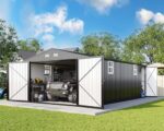 AMERLIFE 13.2x21x8 FT Outdoor Metal Garage Shed, Extra Large Storage Shed with Double Hinged Doors, 4 Windows, Carport for Car, Truck, Motorcycle and Lawn Equipment, Dark Grey