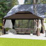 Domi 10' X 14' Hardtop Gazebo, Upgraded Metal Gazebo with Drainage System, Dual-Layer Galvanized Steel Roof, Curtain and Netting, Outdoor Shelter Canopy for Patio, Garden, and Backyard, Brown