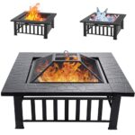 EcoNook 32 inch Fire Pit, Square Outdoor Fire Pit Table with Spark Screen & Fire Poker, 3-in-1 Multipurpose Firepits for Outside, Fireplace for Yard, Garden, Patio