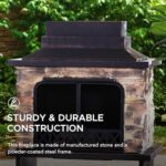 Sunjoy Outdoor Fireplace, Heavy Duty Patio Wood Burning Fireplace with Steel Chimney, Mesh Spark Screen Doors, Removable Grate and Fire Poker, Black - Image 3
