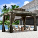Domi Outdoor Living 10’ X 12’ Hardtop Gazebo, Outdoor Aluminum Frame Canopy with Galvanized Steel Double Roof, Outdoor Permanent Metal Pavilion with Curtains and Netting for Patio, Backyard and Lawn