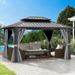 DWVO 10x12ft Hardtop Gazebo Double Roof with Nettings and Curtains, Heavy Duty Galvanized Steel Outdoor Vertical Stripes Roof for Patio, Backyard, Deck, Lawns, Grey - Image 7