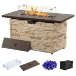PIZZELLO 43¡± Propane Fire Pit Table Outdoor Rectangular Stone Firepit Table 50,000 Btu Propane Fire Tables for Outside Patio with Glass Wind Guard, Lid, Fire Glass Beads,Buff Rock Look