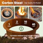 GJWCVL Fire Pit Ring Outdoor Wood Burning Fire Pit Liner 43.3 Inch Camping Fire Ring Corten Steel Firepit Ring Heavy Duty Campfire Ring Above or In-Ground for Bonfire Outdoor Backyard - Image 4
