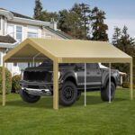 10x20 FT Heavy Duty Carport Replacement Canopy Cover, Durable Waterproof Tarp Shelter Top for Car, Garage, or Outdoor Use, Beige Color with Ball Bungees for Secure Fit