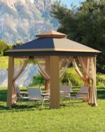 Pop Up Gazebo 13x13 ft, Outside Canopy Tent with 6 Pcs Mosquito Netting, One Push Setup for Backyard Patio Garden Activities - Khaki & Beige - Image 8
