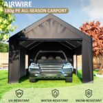AirWire Carport 12' x 20' Heavy Duty Portable Garage, Carport Canopy with Side-Opening Door & Roll-Up Windows, Car Canopy Reinforced Four-Hole Base for Car, Truck, Boat, Party, Black - Image 3
