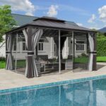 Amopatio 12' X 14' Hardtop Gazebo Permanent Aluminum Gazebos with Galvanized Steel Double Roof for Patio Lawn and Garden,Included Curtains & Mosquito Netting,Grey
