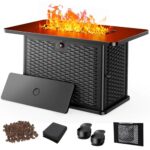 AMADA HOMEFURNISHING 43 Inch Propane Fire Pit Table, 60,000 BTU Gas Fire Pit with Lava Rocks, Waterproof Cover, Removable Lid, Cup Holders, 2-in-1 Fire Table for Patio, Backyard, Garden, Black