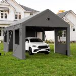 Benass 12x20 Carport, Heavy Duty Carport Canopy Garage with Removable Sidewalls and Drive Through Roll Up Zipper Doors & Side Doors, Grey