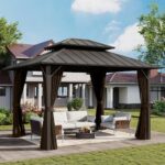 HAPPATIO 10'x12' Outdoor Gazebo with Hardtop Roof, Double Galvanized Steel Roof Canopy with Aluminum Frame, Curtains and Netting for Patio, Backyard, Deck, Lawn, Grey, Easy Assembly (Brown)